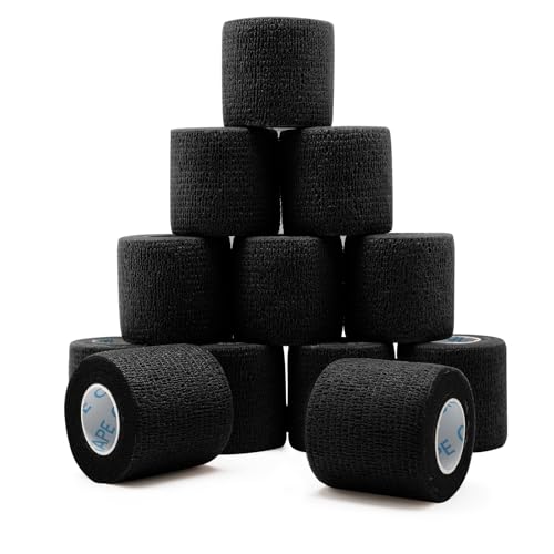 OK TAPE 12 Rolls Self Adhesive Bandage Wrap Elastic Athletic Tape Self Stick Bandage Tape Vet Wrap Medical Wrap for Wrist Feet 2 x 5 Yards - Black