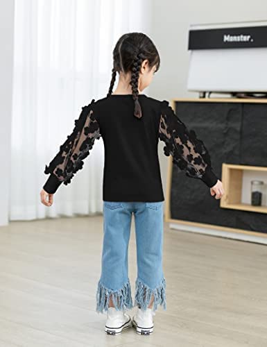 Image of Toddler Girl Clothes 3T-4T toddler girls fall winter outfits Black Lace Butterfly Long Sleeve Light Blue Jeans 2Pcs Fashion Gift Set