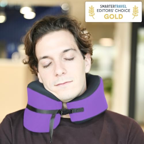 Image of C CUSHION LAB Travel Pillow, Award-Winning Patented Ergonomic Design for Chin & Neck Support Memory Foam Neck Pillow, Compact Airplane Pillow for Traveling, Flight, Car (Royal Purple, Large)