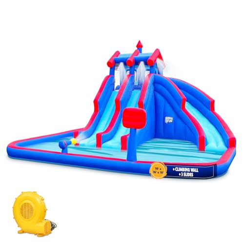 Sunny & Fun Mega Sport Inflatable Water Triple Slide Park – Heavy-Duty for Outdoor Fun - Climbing Wall, 3 Slides & Splash Pool – Easy to Set Up & Inflate with Included Air Pump & Carrying Case