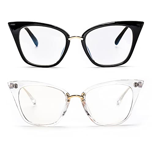 ZUVGEES 2 Pack Womens Cute Oversized Cat Eye Blue Light Blocking Reading Glasses Fashion Eyeglass Frames Large lens Computer Readers (Black+Transparent, 1.25)