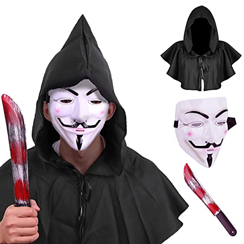 Nicexx 3 Pack Halloween Scary Anonymous Mask Vendetta Mask for Men with Black Cloak Machete