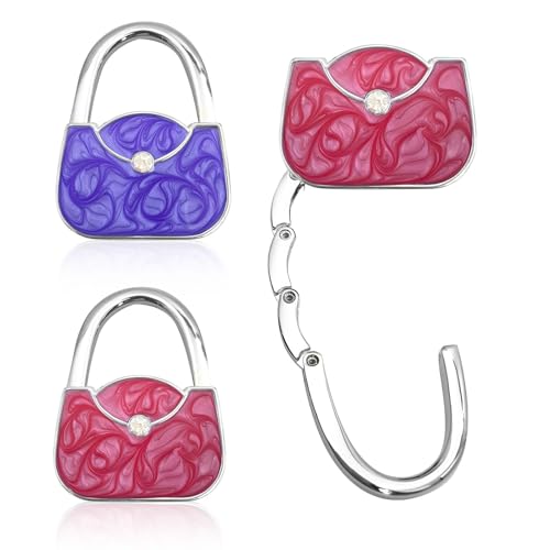 Crochet de Sac à Main, 2PCS Porte Sac à Main pour Table Pliable en Métal Portable Accroche Sac a Main pour Table Anti-dérapant Crochet Sac à Main pour Table Le Restaurant Bureau (Rose Rouge + Violet)