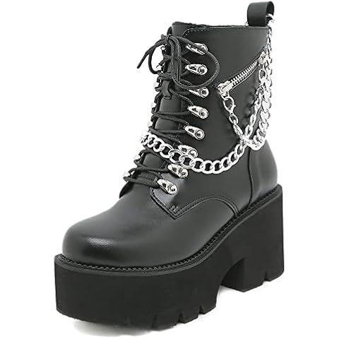 mikarka Women's Chain Platform Boots Lace Up & Zipper Chunky Heel Black Combat Ankle Booties Fashion Studded Motorcycle Boots Cover