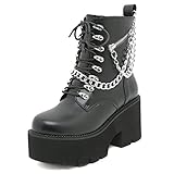 mikarka Women's Chain Platform Boots Lace Up & Zipper Chunky Heel Black Combat Ankle Booties Fashion Studded Motorcycle Boots