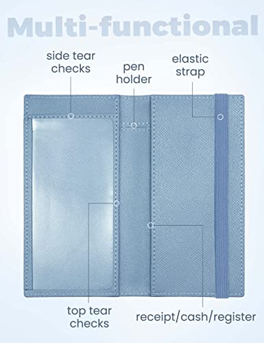 Yarnic Checkbook Cover for Personal Checkbook, Checkbook Holder with Pen Holder & Built-in Clear Plastic Divider for Duplicate Checks (Grey Blue)