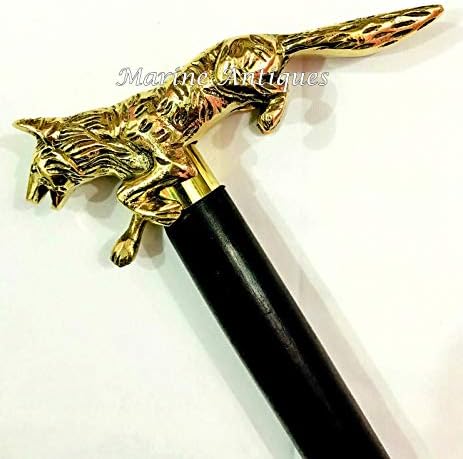 Brass Wolf Handle Black Wooden Walking Stick Vintage Victorian Antique Canes
