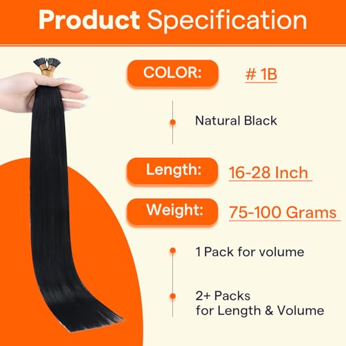 Image of Full Shine Itip Human Hair Extensions, Natural Black 24 Inch 100g 100s
