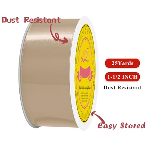 Image of Double Face Tan Satin Ribbon 1-1 /2 inch X 25 Yards Polyester Tan Ribbon for Gift Wrapping Very Suitable for Weddings Party Hair Bow Invitation Decorations and More