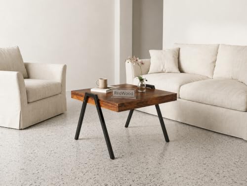 Image of Solid Sheesham Wood Coffee Table Set of 2 with Metal Legs | Modern Nested Center Tables for Living Room | Industrial Wooden Tea Tables Space Saving Stackable Cocktail Furniture for Home | Brown