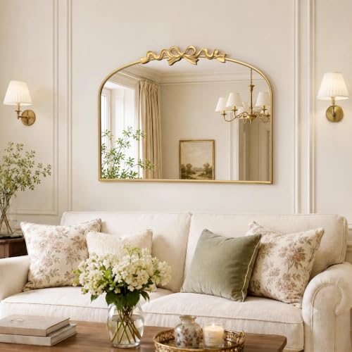 Image of Besdomus Bow Arched Large Mirror: 40 inchx29 inch Gold Vintage Decorative Mirror | French Baroque Metal Framed - Traditional Ornate for Fireplace /Entryway /Living Room /Bathroom- Ideal for Home Renovations