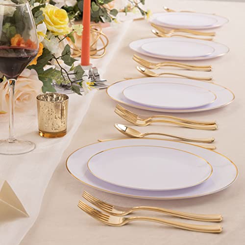 KIRE 60PCS Gold Plastic Plates - Thanksgiving Heavy Duty White Disposable Plates with Gold Rim for Party/Wedding- Include 30Pieces 10.25inch Dinner Plate and 30Pcs 7.5inch Dessert Plate