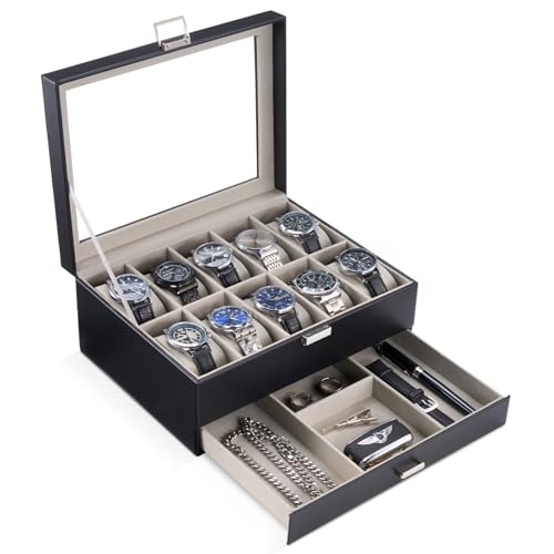 ProCase 腕時計ケース PU製 10本 2段式 ウオッチボックス 男女兼用 収納ボックス アクセサリーケース アクセサリー 収納 ディスプレイ 小物整理 誕生日 記念日プレゼント -ブラック