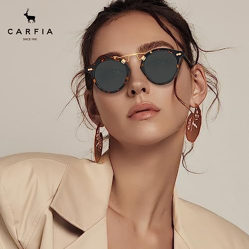 Image of CARFIA Small Face Acetate Polarized Sunglasses for Women UV Protection, Retro Double Bridge Eyewears Metal Brow Round Sunnies