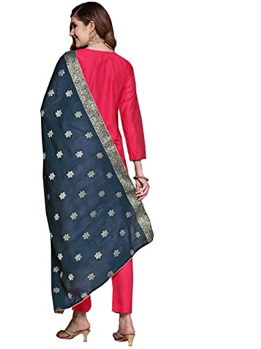 Image of ishin Women's Pink Embroidered A-Line Kurta set With Trouser and Dupatta