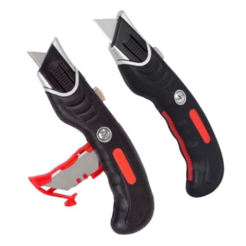 INTERNET'S BEST Ergonomic Utility Knife Set | Retractable Box Cutter with Rubber Handle | For Cutting Cardboard, Carpet & Plastic | Blade Storage in Handle | Includes 2 Razor Knives & 3 Extra Blades
