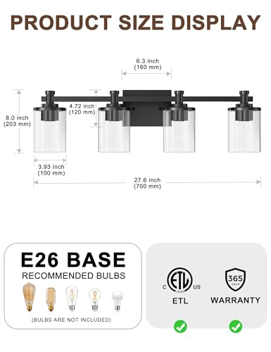 Image of DORESshop 4-Light Black Bathroom Light Fixtures Over Mirror, Modern Wall Sconce with Clear Glass Shade, Vanity Lights for Bathroom