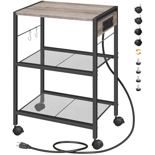 HOOBRO Industrial Printer Stand, 3-Tier Mobile Printer Table, Rolling Cart with Power Outlets and USB Ports, Home Printer Stand with 2 Hooks, for Office, Living Room, Greige and Black BG22UPS01