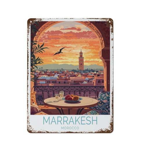 Cartel de metal con la inscripción 'Marrakech, Marruecos', póster de viaje, impresión en hierro, pintura elegante, decoración de pared, 30 x 40 cm