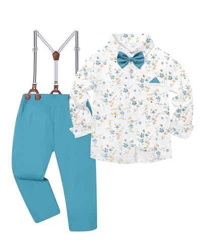 Image of DISAUR Boys Dress Clothes Wedding Ring Bearer Outfit Boy Formal Suits Dress Shirt with Bow Tie +Suspender Pants Set