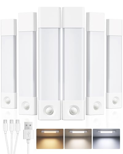 EZVALO 7.8" Rechargeable Motion Sensor Light Indoor, 6-Pack Under Cabinet Lighting, Wireless Closet Lights, 30 LED, Dimmable, 3 Color Temperatures, Step Lights for Kitchen, Pantry, Bedroom, Wardrobe
