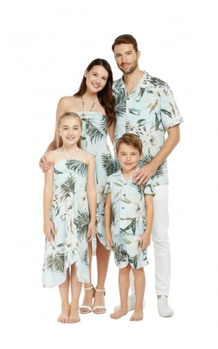 Image of Wispy Cereus Light Blue Family Matching Hawaiian Clothes | Family Matching Outfits • Soft Rayon Fabric • Tropical Floral Print • Vacation Ready • Luau Party Wear
