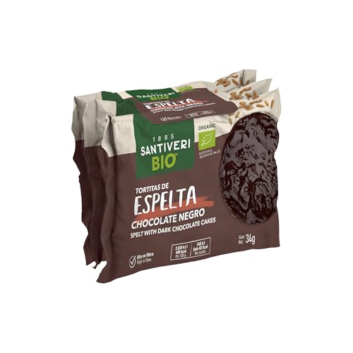 SANTIVERI - Tortitas Espelta Chocolate Negro Bio, Tortitas Ecológicas Bañadas en Chocolate Negro, Alto en Fibra, Sin Huevo - 102 g