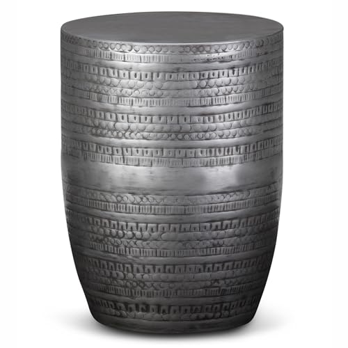 SIMPLIHOME Johnsen Metal Table - 15' Wide x 20' High Solid Iron Drum Accent Table in Antique Silver with Tribal Pattern, Round Boho End Table for Living Room, Bedroom, or Home Office, Fully Assembled