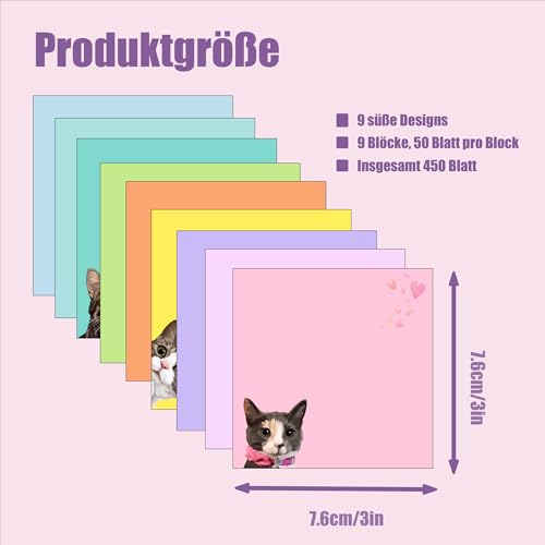 9 Blöcke Katze Haftnotizen Set, Rosa Haftnotizen Klebezettel Süße selbstklebende Notizzettel, Lustige Sticky Notes Superstarke Haftung, Geschenk für Katzenliebhaber, Büro und Schulbedarf, 7,6 x 7,6cm