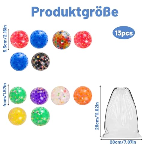 12 Stück Anti Stress Bälle und 1 Stück Aufbewahrungstasche Set, Quetschball für Kinder und Erwachsene, Mitgebsel Kindergeburtstag Squishy Stressball, Anti Stress Bälle Kindergeburtstag Gastgeschenke