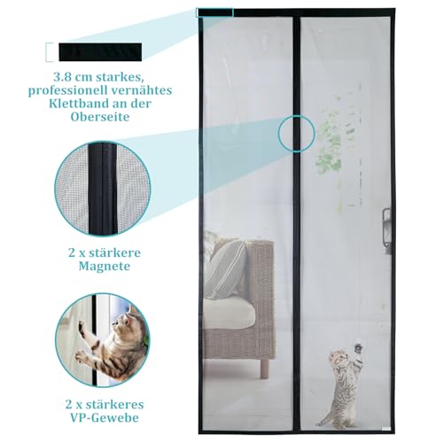 Apalus VP Fliegengitter Tür, Magnet Insektenschutz Balkontür 90x200 cm, 2 x Langlebiger als der Apalus Klassiker, Katzenkrallen Sicher, Stärkere Magneten, 3.8 cm Breites Klettband, Nicht Kürzbar