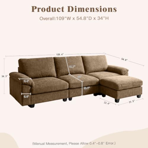 Image of Sectional Couches for Living Room, 109 inch L Shaped Cloud Sofa & Couch | Upholstered Armres, 22 inch Seat Depth, Movable Ottoman, Comfy Chenille, Easy Assembly, Taupe