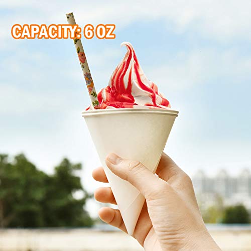 AQUEENLY 100 Snow Cone Cups, Wax Coated Leakproof Cone Paper Cups for Slush, Shaved Ice, Water - 6OZ, White - Thumbnail 3