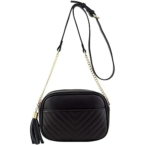 Chevron Quilted Crossbody Camera Bag with Chain Strap and Tassel, Black, One Size Cover