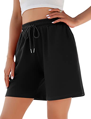 Jezonga Shorts Damen Sporthose Kurz Sport Shorts Jogginghose Sommer mit Taschen Sportshorts Hohe Taille Trainingshose Kurze Short High Waist Elastischer Bund zum Fitness Running Gym Schwarz 3XL