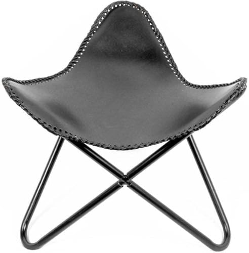 Taburete de silla de mariposa de cuero marrón - Otomana de cuero hecho a mano - Taburete para muebles con marco de hierro - Taburete cómodo