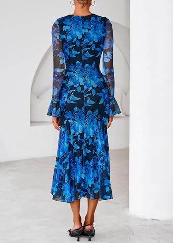 Lazysmile Women's Long Sleeve Floral Maxi Dresses Fall Formal Crewneck Bodycon Mesh Ruffle Wedding Guest Cocktail Party Dress Blue — view 2