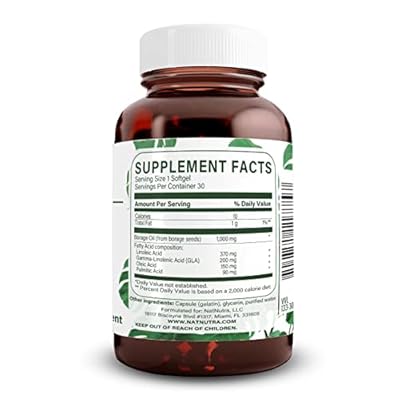 Natural Borage Oil Supplement Rich in Gamma-linolenic Acid (GLA), A Potent Omega-6 Essential Fatty Acid Known for Supporting Skin, Nerve, and Joint Health 30 Soft gels.