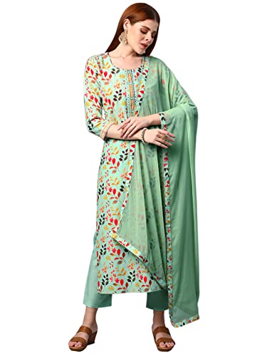 Image of GoSriKi Women's Cotton Blend Printed Straight Kurta and Pant with Dupatta Set