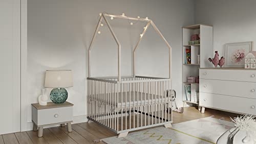 Sämann Laufgitter EXCLUSIVE 100x100 cm mit Matratze - Hausbett & Babybett - stufenlos höhenverstellbar Laufstall Baby Buche grau