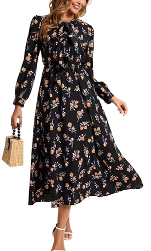 Kormei Women V Neck Tie Long Sleeve Boho Floral Fall Dress Wedding Guest Casual Maxi Long Cocktail Dress2