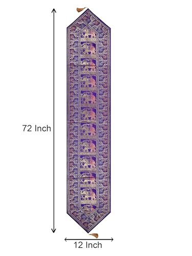 Image of Banarasi Brocade Zari Silk Table Runner Dinning & Centre Table Runner 177 By 30 CM (Purple, Elephant)