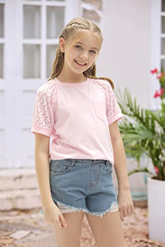 Girls Short Sleeve Shirts Casual Crew Neck Lace Loose Blouse Tops Pink #TOP1