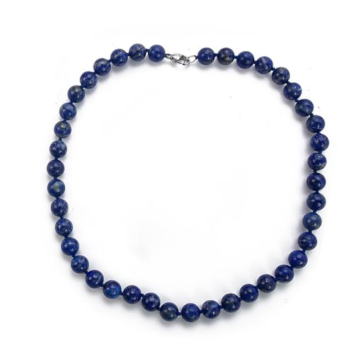 TreasureBay Handmade 10mm Natural Blue Lapis Lazuli Gemstone Beaded Necklace for Women, 48cm Hand-Knotted with Stainless Steel Clasp