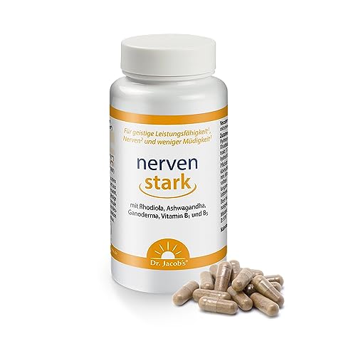 Dr. Jacob’s nervenstark Dose 50 g I für geistige Leistung und weniger Müdigkeit¹ I mit Ashwagandha, Rhodiola und Reishi, 100 pflanzliche Kapseln