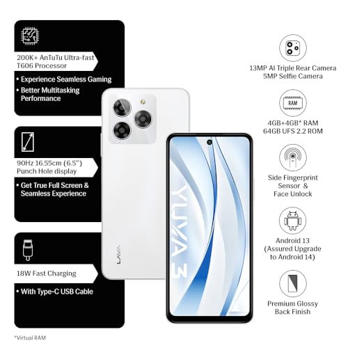 Lava Yuva 3 (Galaxy White,4+4*GB RAM,UFS 2.2 64GB Storage)|Premium Glossy Back|Octacore Processor|18W Fast Charging|90Hz Punch Hole Display|13MP AI Triple Camera|Side Fingerprint Sensor 5 41IeSZhGDaL