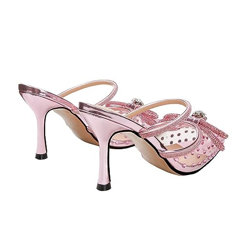 Rhinestone Bow High Heel Sandals Transparent Pointed Thin Heel High Heel Shoes Fashionable and Elegant, Sizes 5-10(Pink,6)3