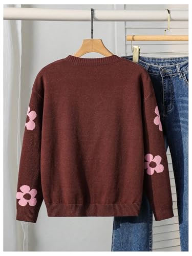Image of BEAUDRM Girl's Cute Bow Sweater Crew Neck Long Sleeve Drop Shoulder Loose Pullover Tops