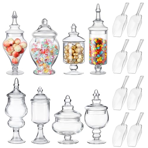 Mimorou 8 Set Glass Apothecary Jars with Lids and Plastic Scoops, Large Clear Candy Buffet Jars Decorative Storage Canisters Set Table Containers for Candy Bar Wedding Kitchen Bathroom(Various Glass)