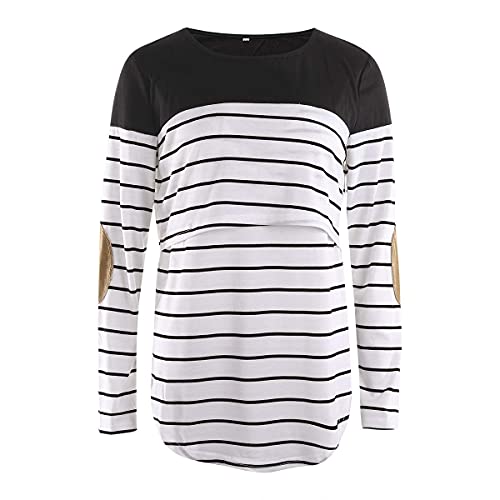 Frauen Umstands Stilloberteile Langarm Gestreiftes Stillen T-Shirt Lose Schwangere Oberteile (schwarz, M) Cover